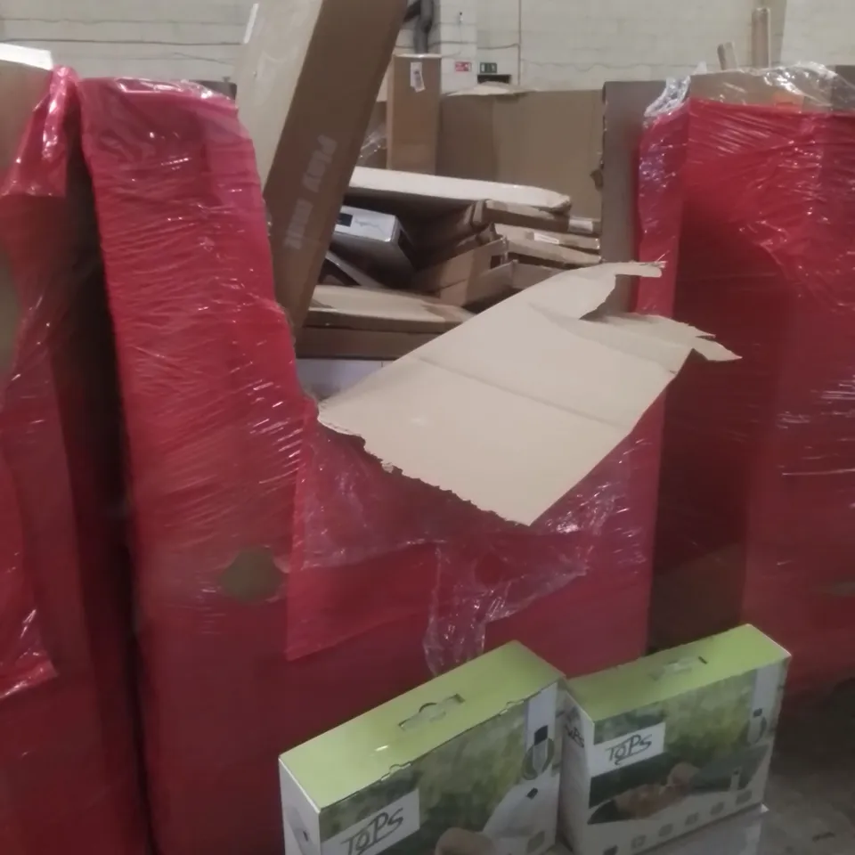 PALLET OF ASSORTED HOUSEHOLD GOODS AND FURNITURE TO INCLUDE; AQUA OPTIMA, SENTRY KNITTING MACHINE, TOPS HEATED BLANKET ETC 