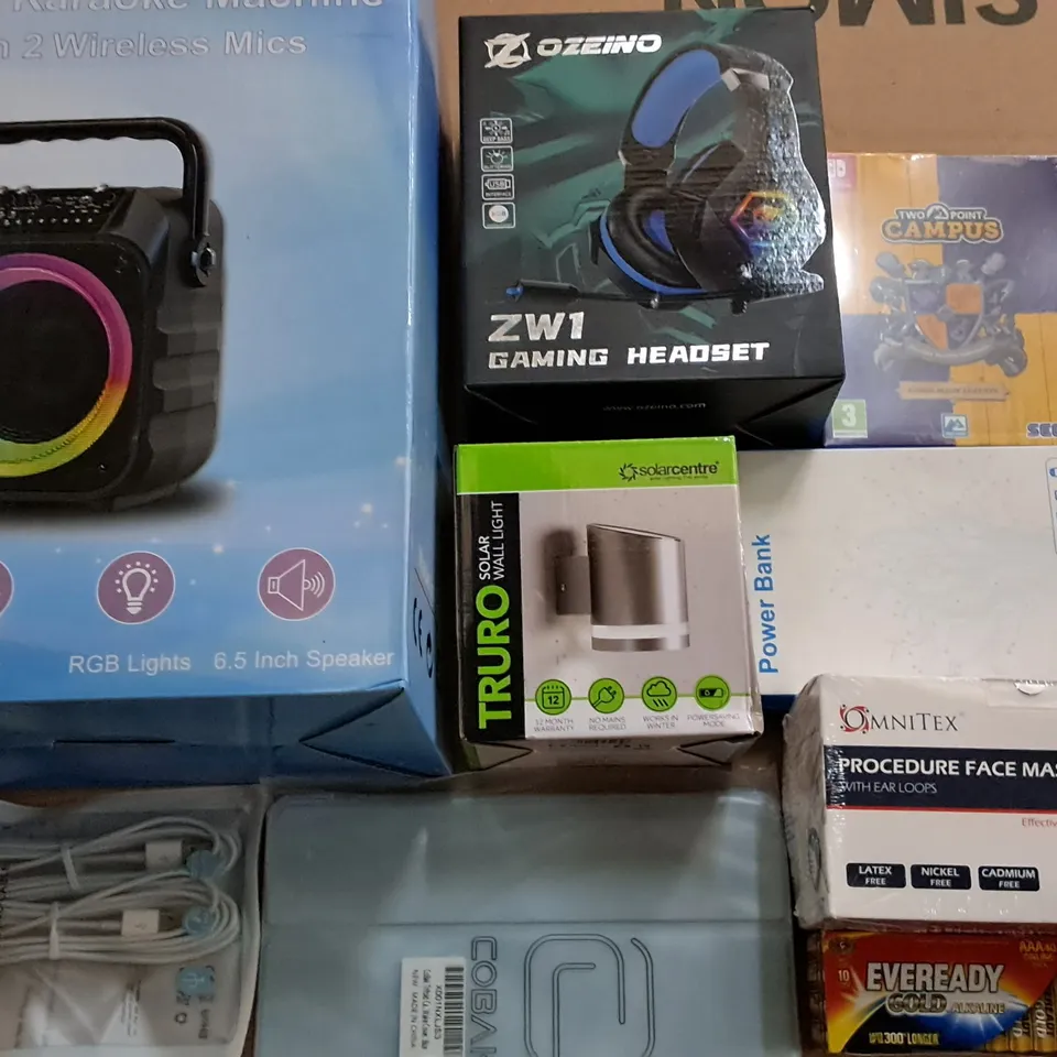 LARGE QUANTITY OF ASSORTED ITEMS TO INCLUDE PORTABLE KARAOKE MACHINE, GAMING HEADSET AND SOLAR WALL LIGHT