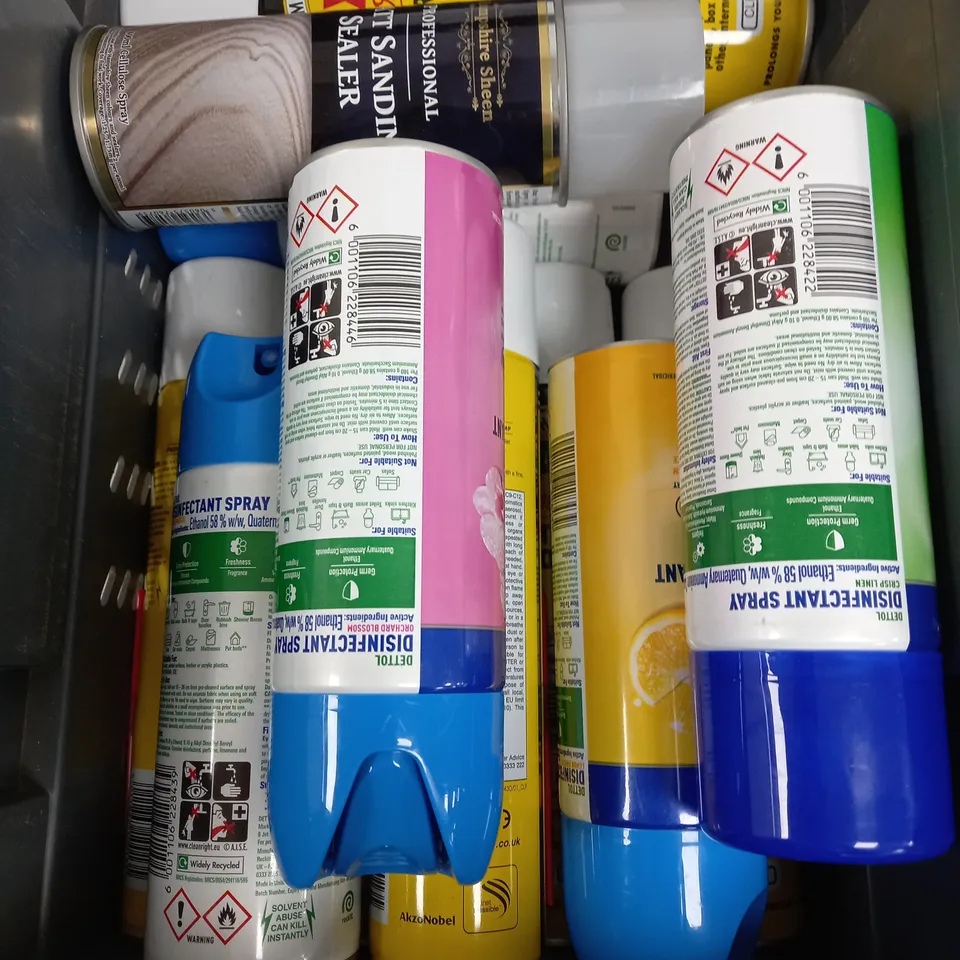 BOX OF APPROX 10 ASSORTED LIQUIDS TO INCLUDE - DETOL DISINFECTANT SPRAY, MATT SANDING SEALER, WAXOYL RUSTPROOF ETC