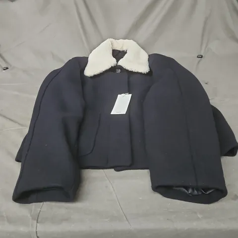 MNG NAVY WOOL-BLEND COAT WITH CREAM SHEARLING COLLAR – WOMEN'S SIZE MEDIUM