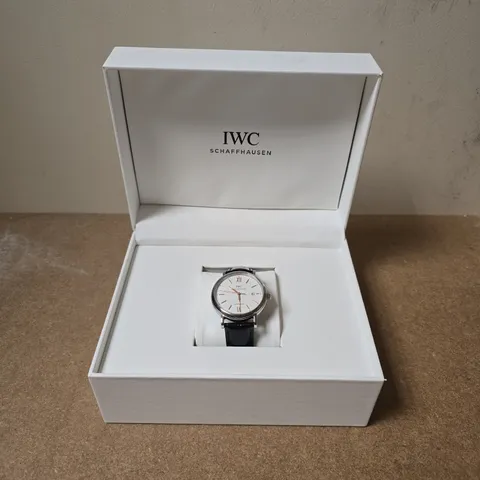 BOXED IWC PORTOFINO 40MM WATCH WITH WHITE DIAL & BLACK LEATHER STRAP