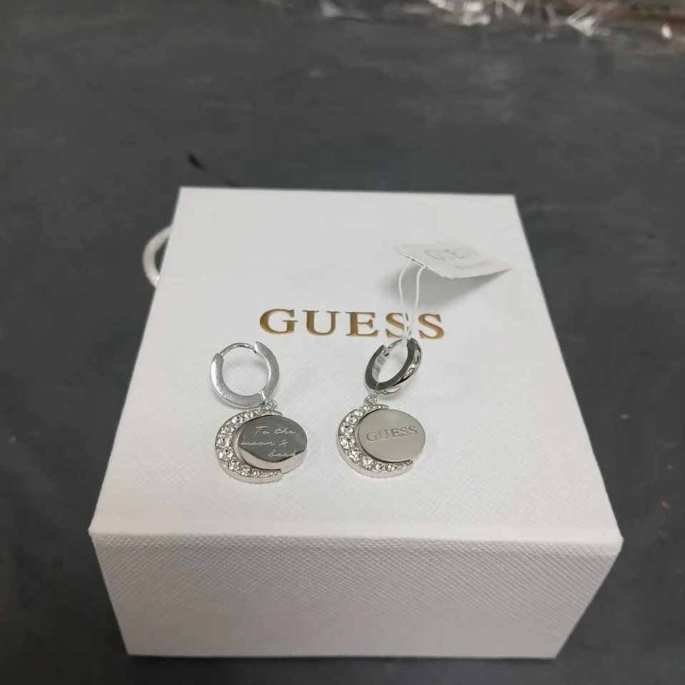 BOXED GUESS MOON PHASES LADIES DROP EARRINGS IN SILVER