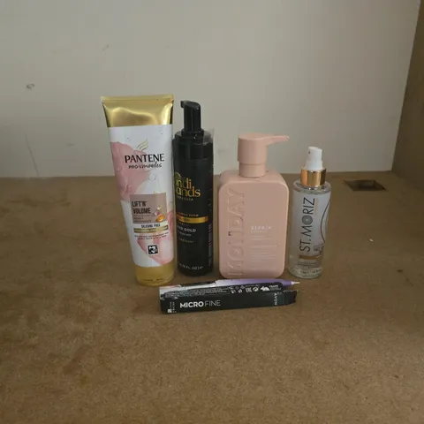 TOTE OF APPROXIMATELY 15 ASSORTED COSMETIC ITEMS TO INCLUDE PANTENE, MICRO FINE, MONDAY REPAIR, ST MORITZ, BONDI SANDS ETC