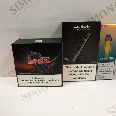 LOT OF APPROXIMATELY 28 E-CIGARETTES AND LIQUIDS TO INCLUDE VOODOO ARGUS, CALIBURN A2 POD SYSTEM, OXVA XLIM SE, ETC