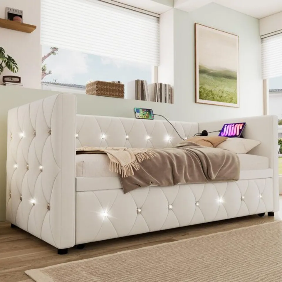 BOXED BENCAR UPHOLSTERED 90×190CM DAY BED WITH TRUNDLE (2 BOXES)