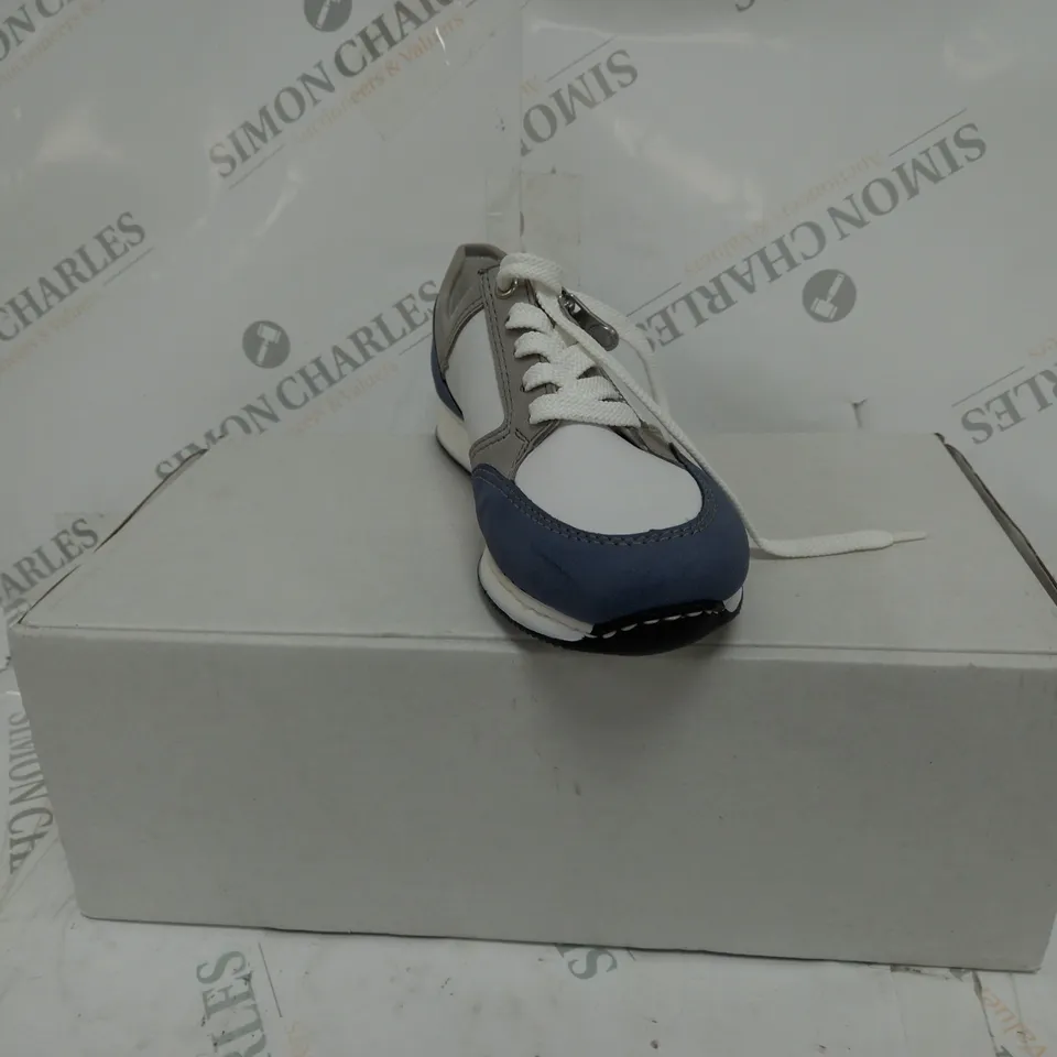 BOXED PAIR OF RIEKER SNEAKERS WITH REMOVABLE INSOLE COMBINATION BLUE UK SIZE 4