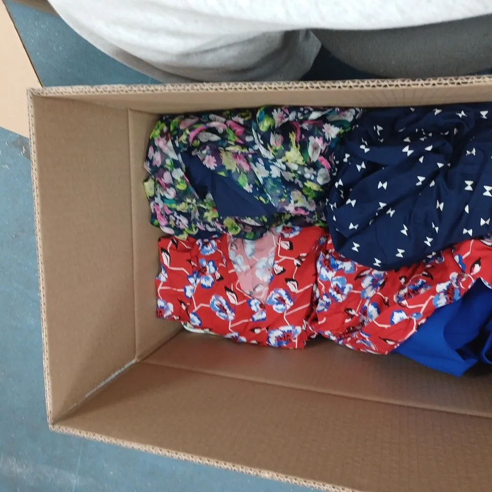 LARGE BOX OF ASSORTED CLOTHING ITEMS TOO INCLUDE TOPS , DRESSES AND BLAZERS COMING IN DIFFERENT COLOURS AND SIZES 
