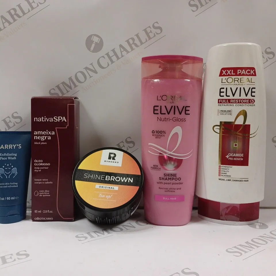 BOX OF APPROX 15 ASSORTED HEALTH AND BEAUTY ITEMS TO INCLUDE - LOREAL PARIS ELVIVE NUTRI GLOSS SHINE SHAMPOO - LOREAL ELEVIVE FULL RESTORE - BYROKKO SHINE BROWN ORIGINAL ECT