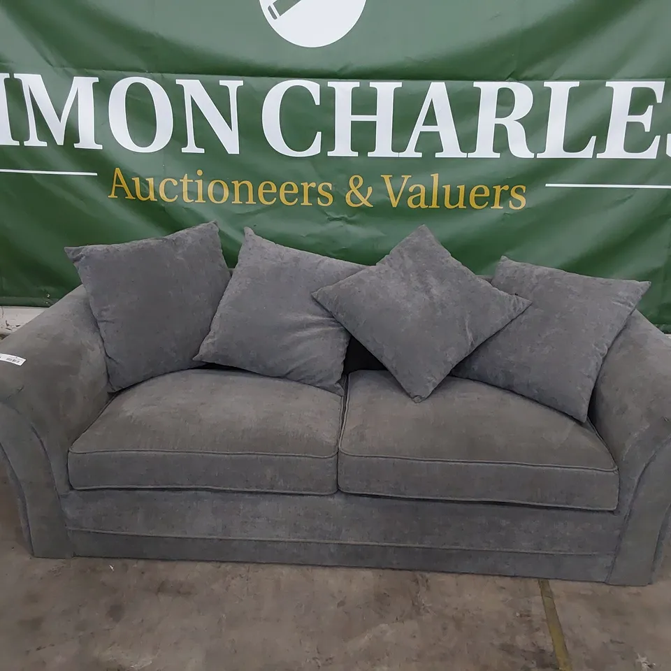 DESIGNER THREE SEATER SOFA GREY FABRIC WITH SCATTER CUSHIONS 