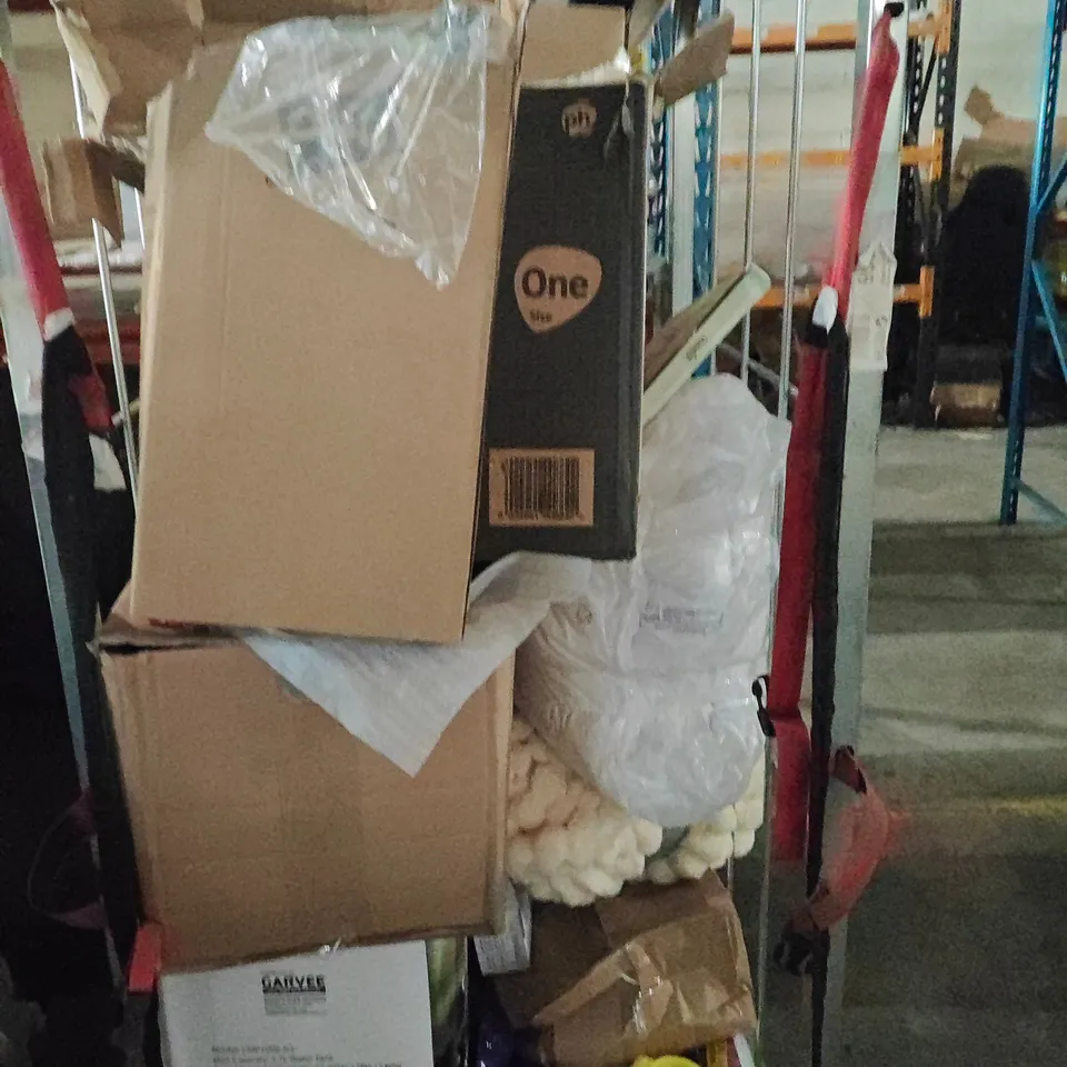 CAGE  OF ASSORTED HOUSEHOLD GOODS AND PRODUCTS TO INCLUDE;STEAM MOP ,NEON WALL LIGHT, COFFEE MACHINE