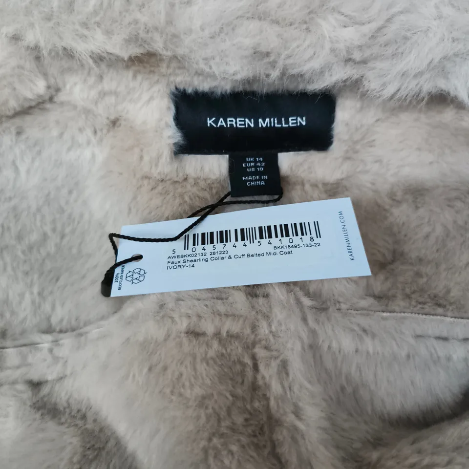 KAREN MILLEN IVORY FAUX FUR COAT – UK 14 (EU 42), BELTED MIDI COAT