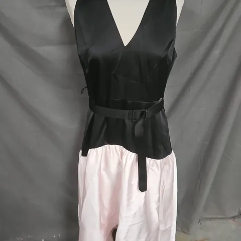 COAST PETITE DROP WAIST SATIN CREPE BELTED MIDI DRESS IN MONO SIZE 12
