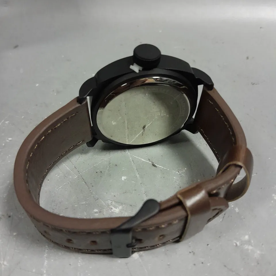 MENS FRANK SCHMIDT WATCH – LARGE BLACK CASE – BLACK PILOT DIAL – BROWN STRAP – 3ATM WATER RESISTANT