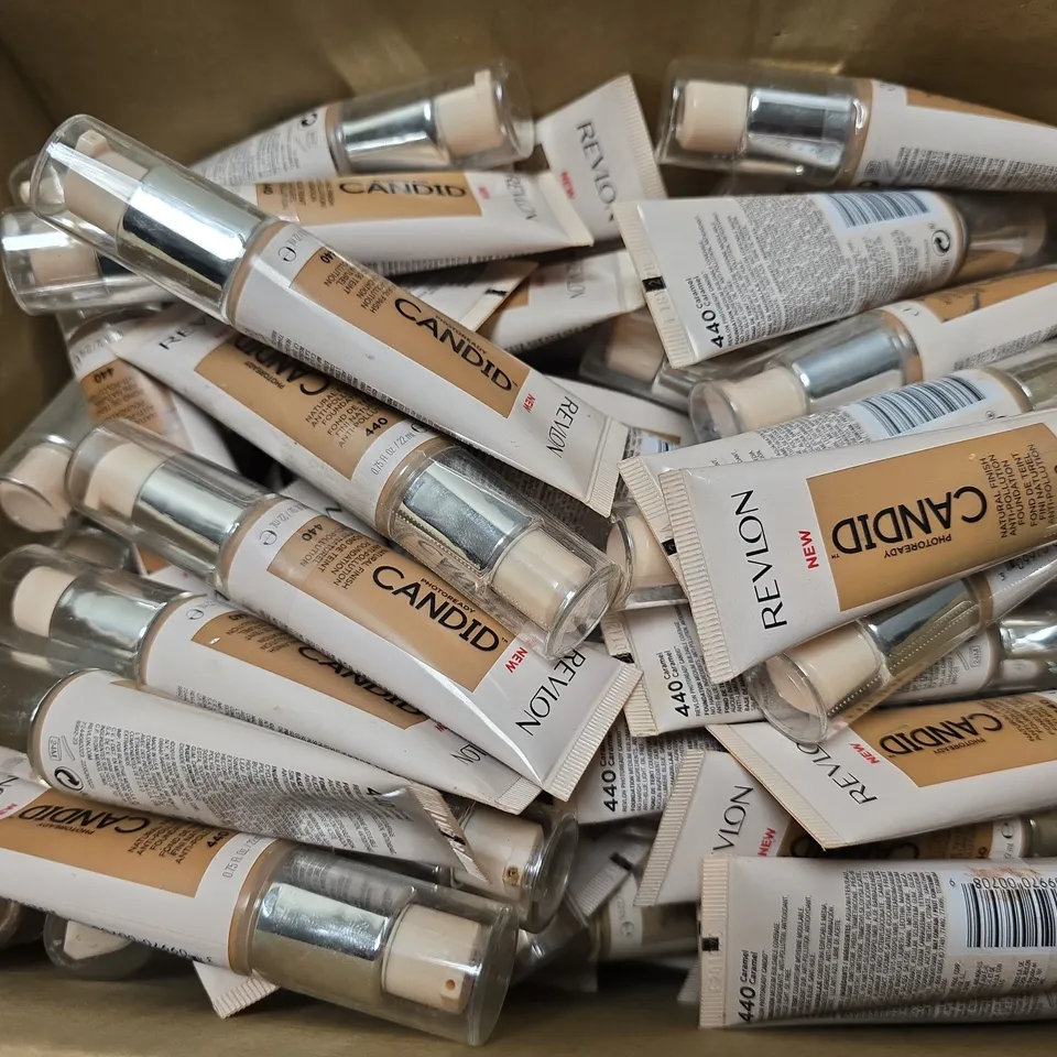 BOX OF APPROXIMATELY 25 REVLON CANDID NATURAL FINISH FOUNDATION 220 , 120 , 440