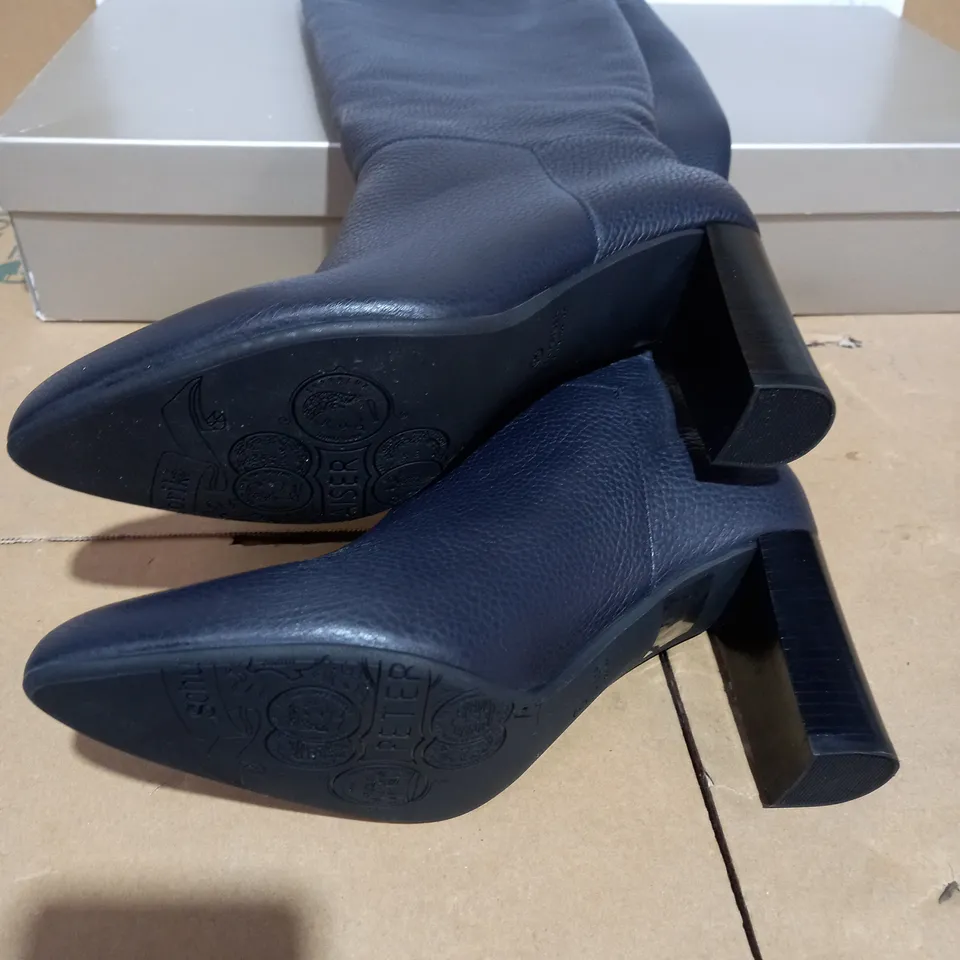 PETER KAISER KNEE HIGH LEATHER HEELED BOOTS, NAVY - SIZE 6