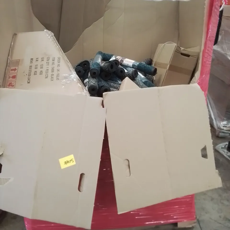 PALLET OF ASSORTED HOUSEHOLD ITEMS TO INCLUDE ELECTRIC FRYER, OFFICE CHAIR AND MULTIPLE DOOR MATS