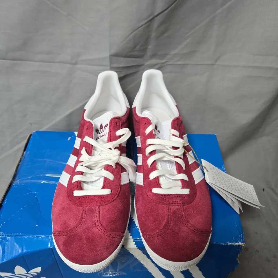 BOXED PAIR OF ADIDAS GAZELLE SNEAKERS - RED SUEDE - UK SIZE 7