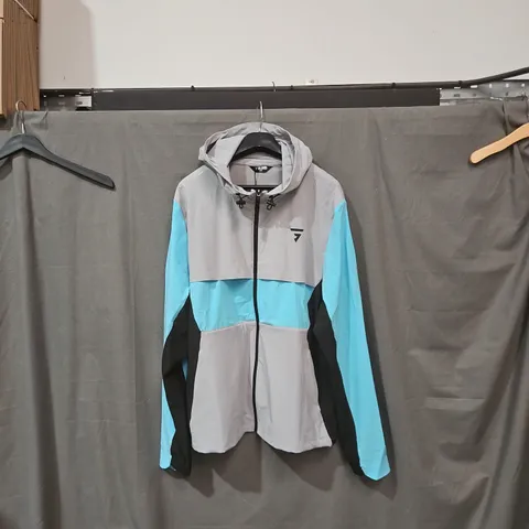 GRID HOODED WINDBREAKER JACKET – GREY WITH TEAL PANELS, SIZE 2XL