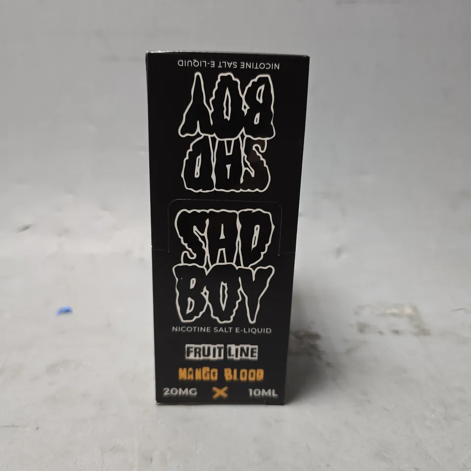 BOX OF APPROXIMATELY 12 ASSORTED SAD BOY E-LIQUID PRODUCT TO INCLUDE - FRUIT LINE MANGO BLOOD 