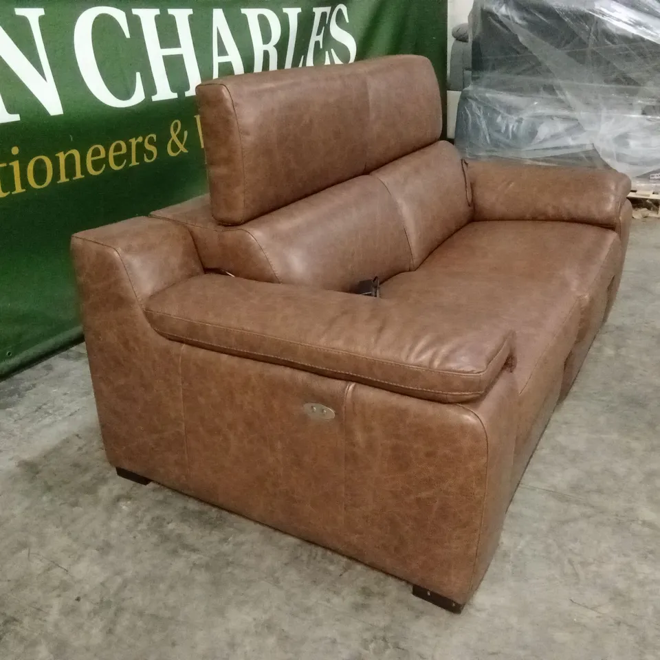 QUALITY DESIGNER ITALIAN MADE RICCARDO 2 SEATER ELECTRIC RECLINER LEATHER SOFA - BRANDY
