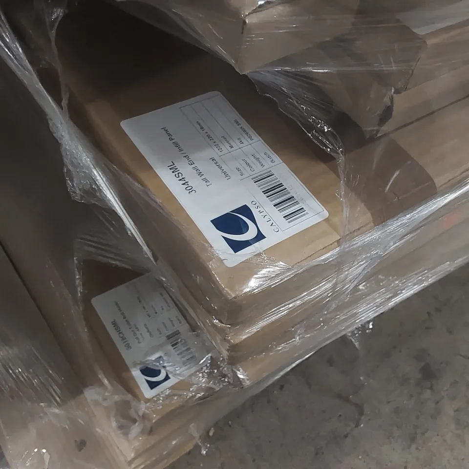 PALLET CONTAINING A LARGE QUANTITY OF ASSORTED BATHROOM FURNITURE PANELS INCLUDING: CHILTERN BASE DOORS, VANITY END PANELS, TALL WALL END/INFILL PANEL, PULL OUT TOILET ROLL HOLDER ECT