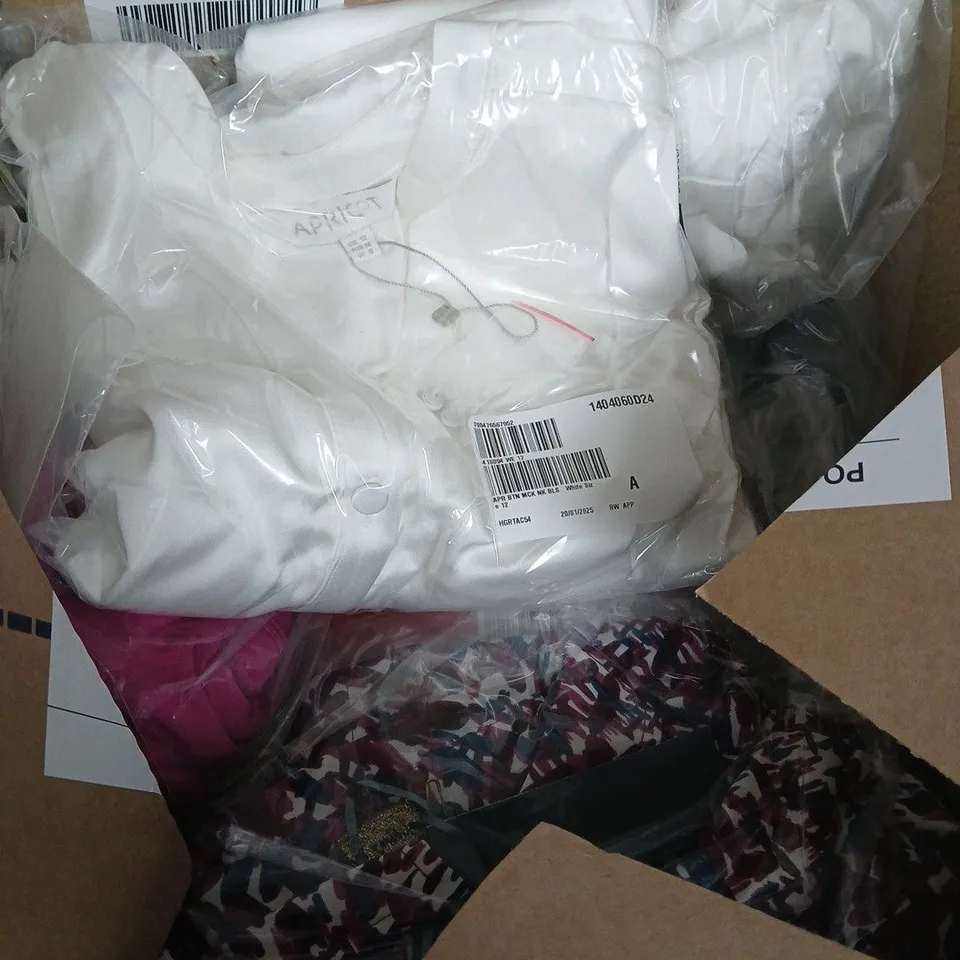 BOX OF ASSORTED CLOTHING ITEMS IN DIFFERENT SIZES 