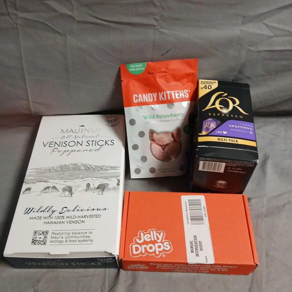 APPROXIMATELY 10 ASSORTED FOOD/DRINK PRODUCTS TO INCLUDE L'OR COFFEE, VENISON STICKS, CANDY KITTENS SWEETS ETC 