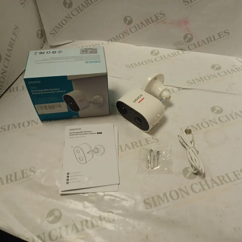 BOXED DEKCO RECHARGEABLE BATTERY POWERED SECURITY CAMERA WITH FITTINGS, USB CABLE AND INSTRUCTIONS
