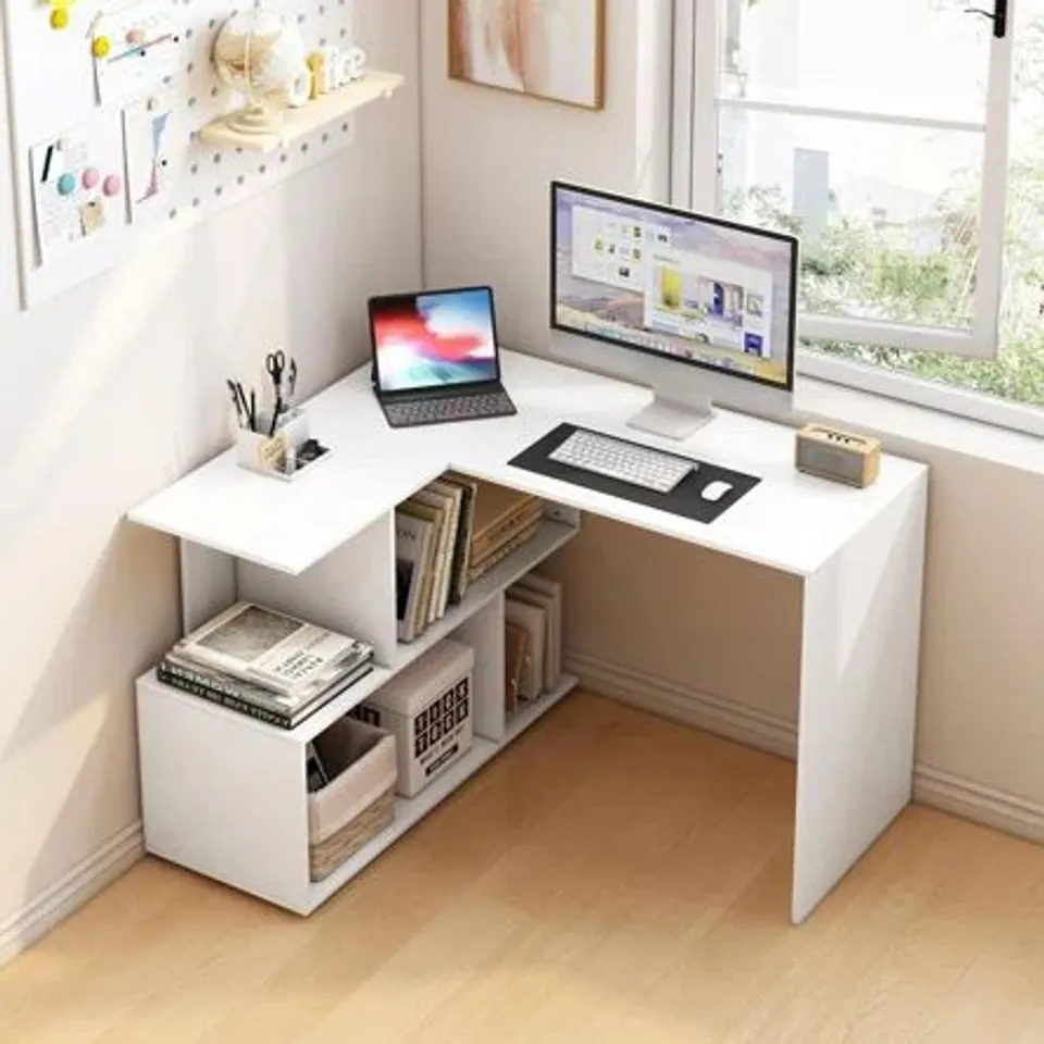 Boxed L-SHAPED DESK WITH BOOKSHELVES, MODERN WRITING TABLE FOR HOME OFFICE STUDY - WHITE (1 BOX)