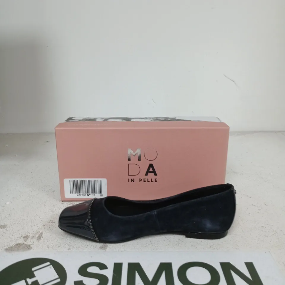 MODA IN PELLE NAVY SUEDE FLATS WITH PATENT TOE CAP – BOXED EU SIZE 39