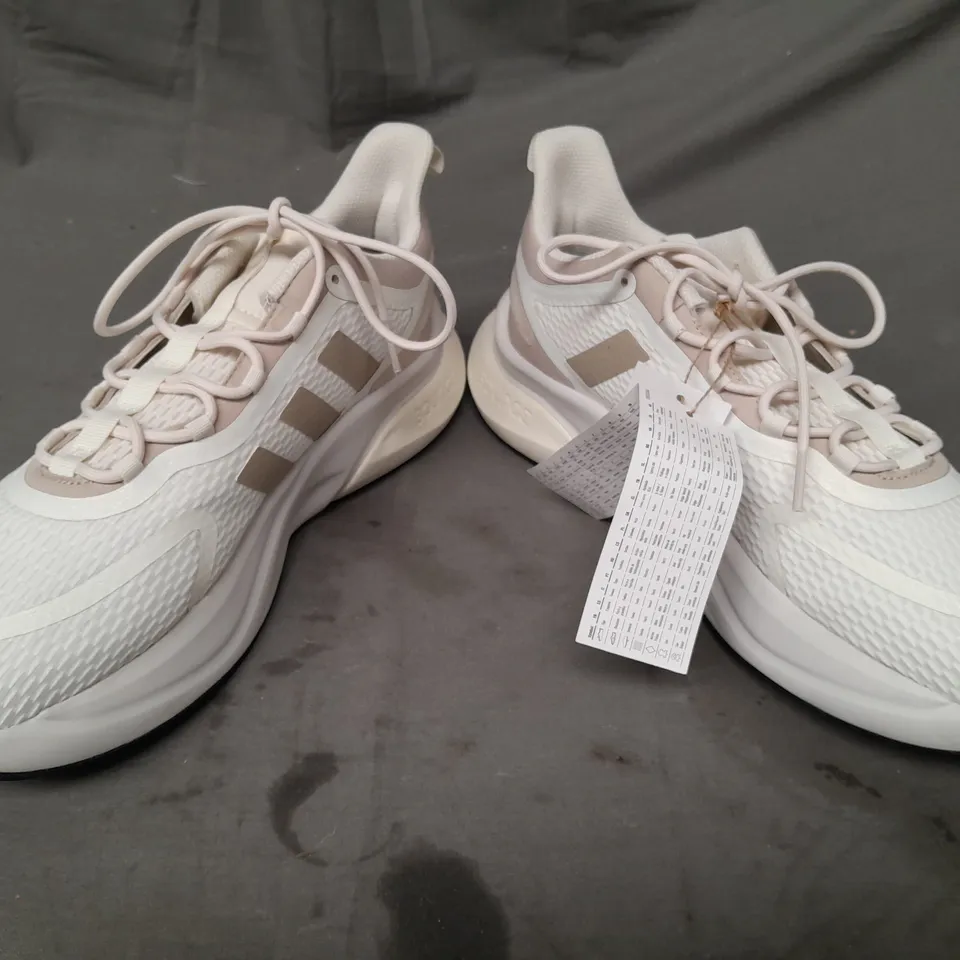 BOXED PAIR OF ADIDAS ALPHABOUNCE + SHOES IN OFF WHITE/BEIGE UK SIZE 11