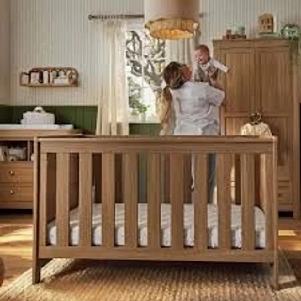 BOXED CUDDLE CO. BURFORD COT BED - OAK (2 BOXES)