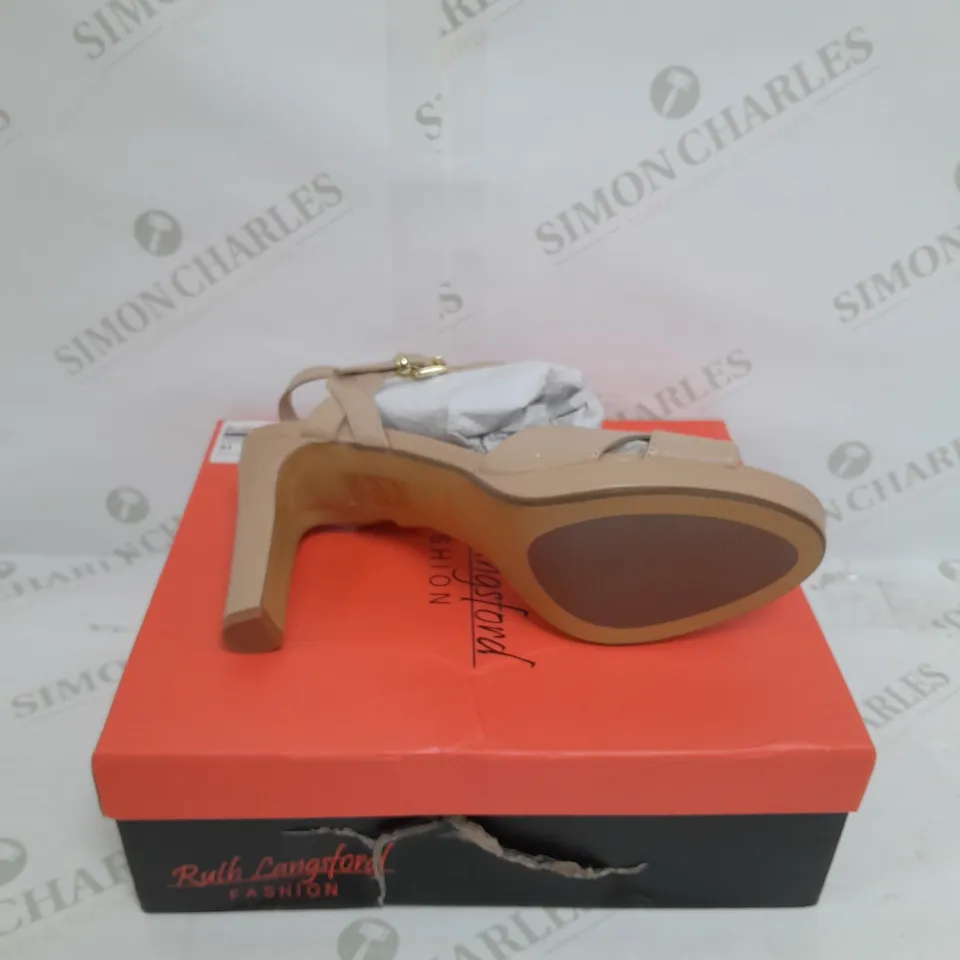 BOXED PAIR OF RUTH LANGSFORD HEELED SANDALS IN MATTE ALMOND SIZE 8