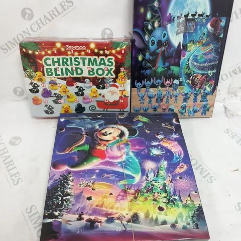 THREE ASSORTED ADVENT CALENDERS TO INCLUDE; MICKEY MOUSE, STITCH AND CHRISTMAS BLIND BOX