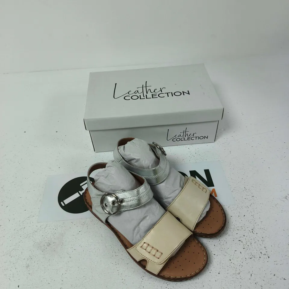 LEATHER COLLECTION NATASHA SANDALS BEIGE & SILVER, UK SIZE 8 (WOMEN)