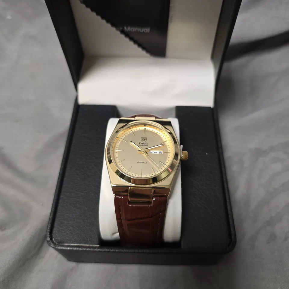 MENS ERNEST FERDINAND WATCH – DAY DATE CALENDAR DIAL – LEATHER STRAP – 3ATM WATER RESISTANT - GIFT BOX