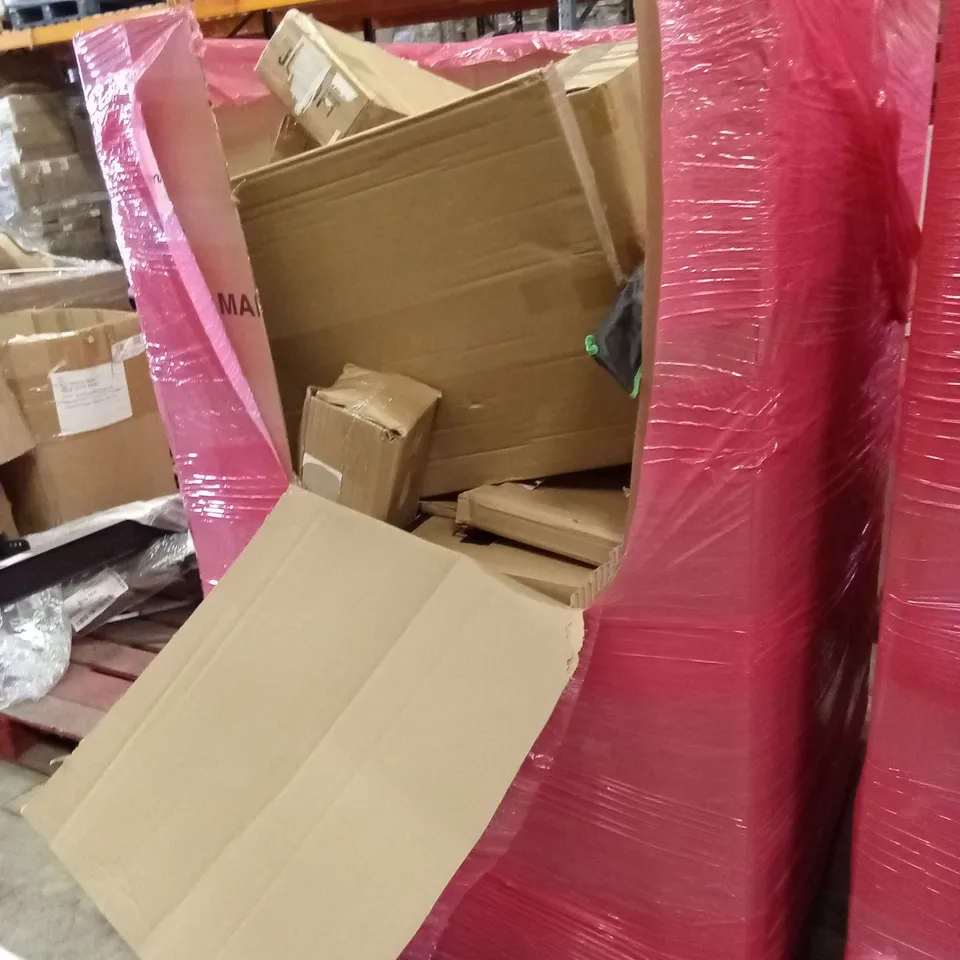PALLET OF ASSORTED HOUSEHOLD GOODS AND PRODUCTS TO INCLUDE; WATER SPORT PADDLES, BABY STROLLER, BOXED FURNITURE ETC 