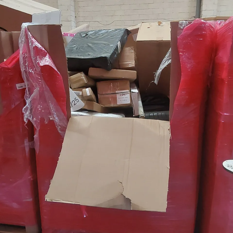 PALLET OF ASSORTED HOUSEHOLD GOODS AND PRODUCTS TO INCLUDE; WALL CLOCK, SAFETY GATES, LED LIGHTS, CAR TYRE, BOXED FURNITURE ETC