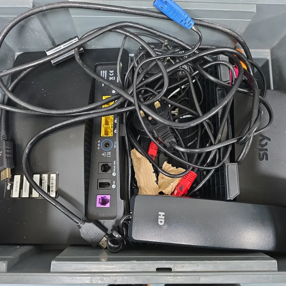 APPROXIMATELY 12 ASSORTED HOUSEHOLD ITEMS TO INCLUDE SKY Q REMOTE, ROUTER, YEALINK PHONE, ETC