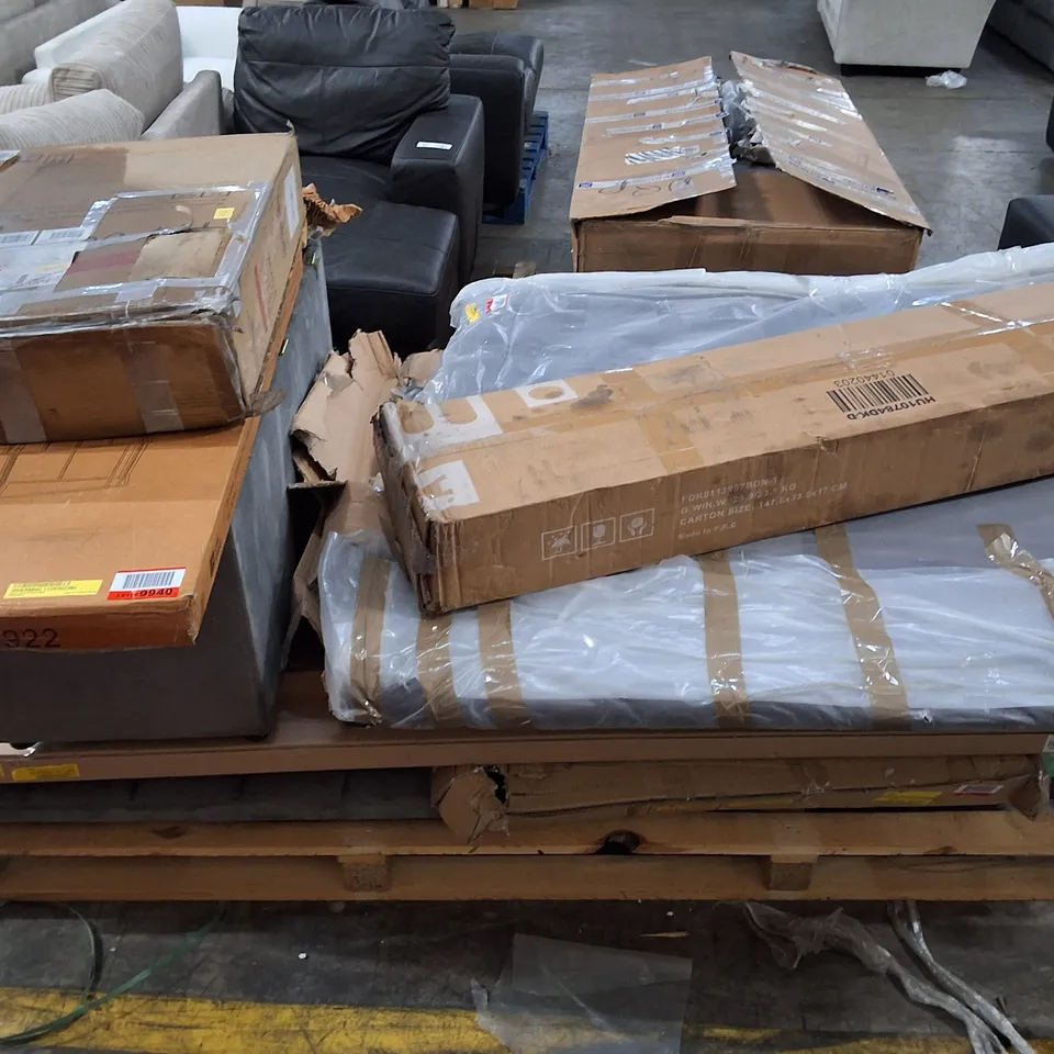 PALLET OF ASSORTED FLAT PACK FURNITURE PARTS TO INCLUDE AANYA BED FRAME, SHOWER PANEL AND BED FRAME PARTS
