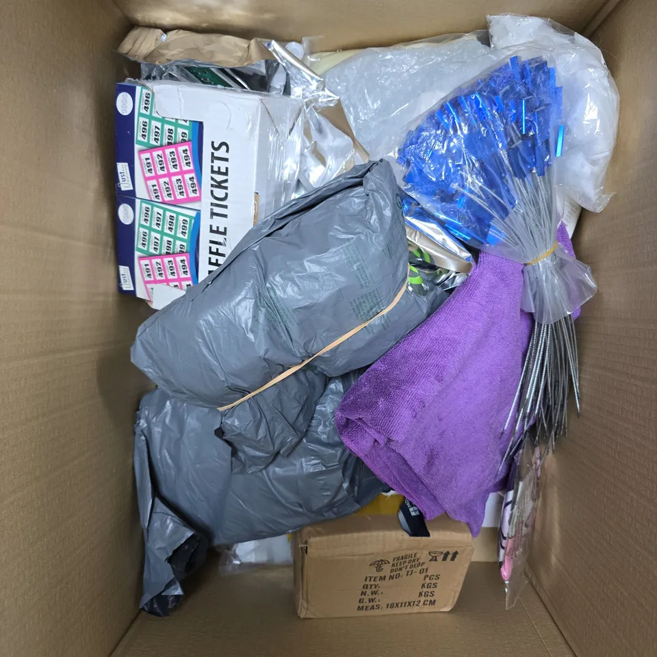 APPROXIMATELY 10 ASSORTED HOUSEHOLD PRODUCTS TO INCLUDE RAFFLE TICKETS, CLOTHS, HOME DECOR ETC 