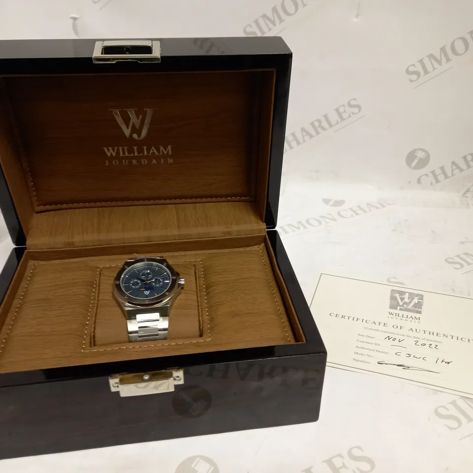 WILLIAM JOURDAIN DETAIL BEZEL TRIPLE DIAL BLUE-GREY FACE BRACELET STRAP WATCH RRP £1000