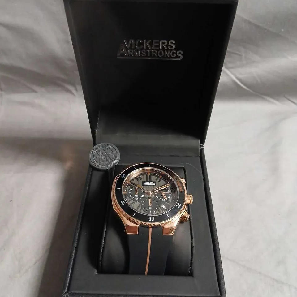 VICKERS ARMSTRONGS CHRONOGRAPH WATCH – ROSE GOLD TONE, RUBBER BAND 