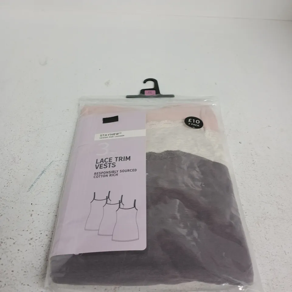 LACE TRIM VESTS – PINK MIX, 3 PACK (UK 22, EU50)