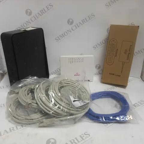 APPROXIMATELY 10 ASSORTED NETWORKING PRODUCTS TO INCLUDE ROUTERS, NETWORKING CABLES, POWER SUPPLIES ETC