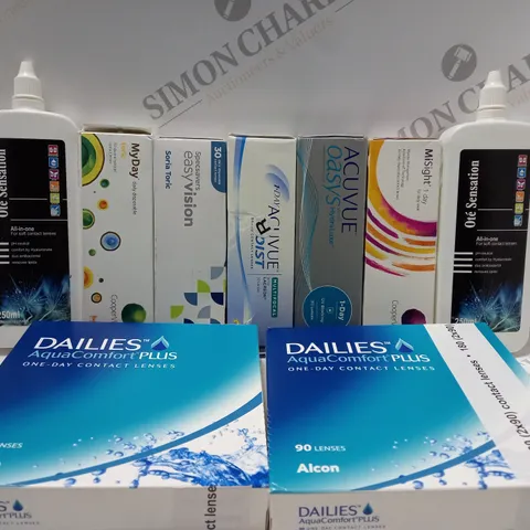 BOX OF APPROX 25 ASSORTED CONTACT LENSES AND CONTACT LENSE SOLUTIONS