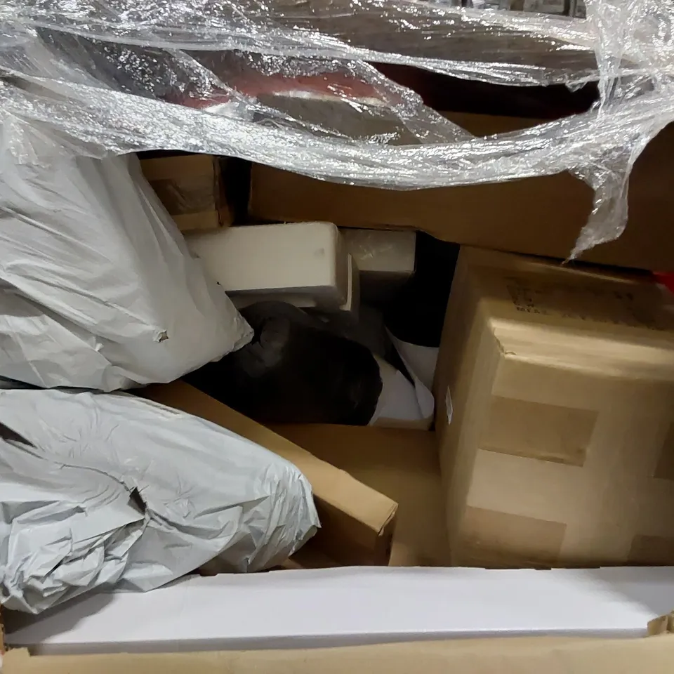 PALLET TO CONTAIN ASSORTED HOUSEHOLD ITEMS. INCLUDES TOILET SEAT, BOXED FURNITURE, DECORATIVE ITEMS ETC 