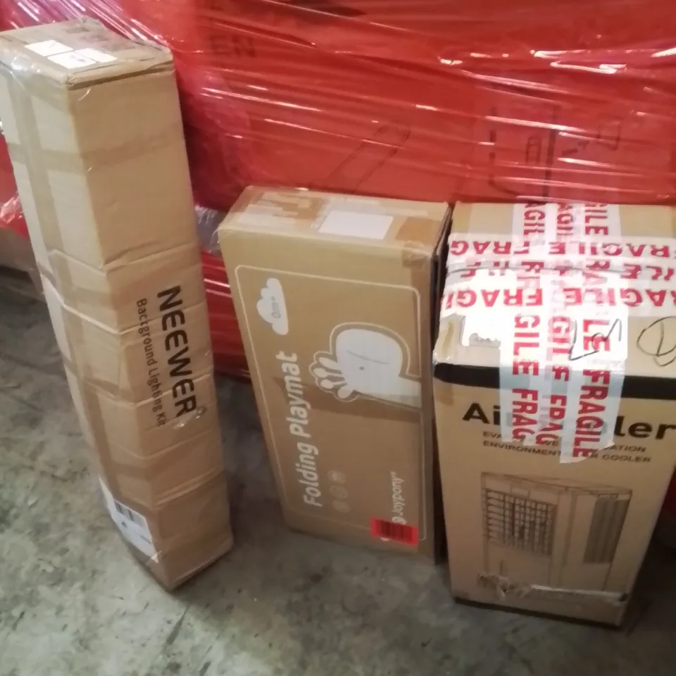 PALLET OF ASSORTED HOUSEHOLD GOODS AND PRODUCTS TO INCLUDE;LED LIGHTING KIT,PLAYMAT,AIR COOLER