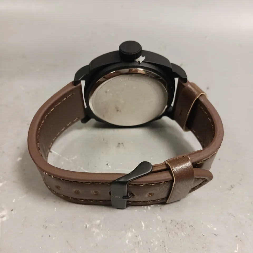 MENS FRANK SCHMIDT WATCH – LARGE BLACK CASE – BLACK PILOT DIAL – BROWN STRAP