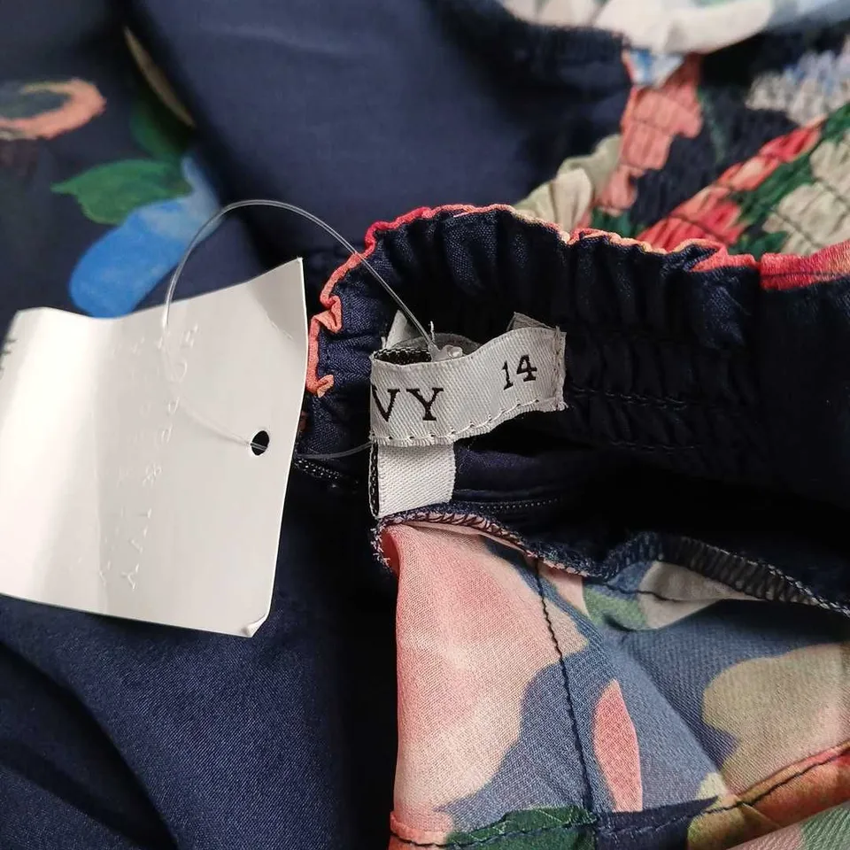 IVY FLORAL MAXI DRESS WITH RUFFLES – NAVY WITH PINK/BLUE FLOWERS, SIZE 14